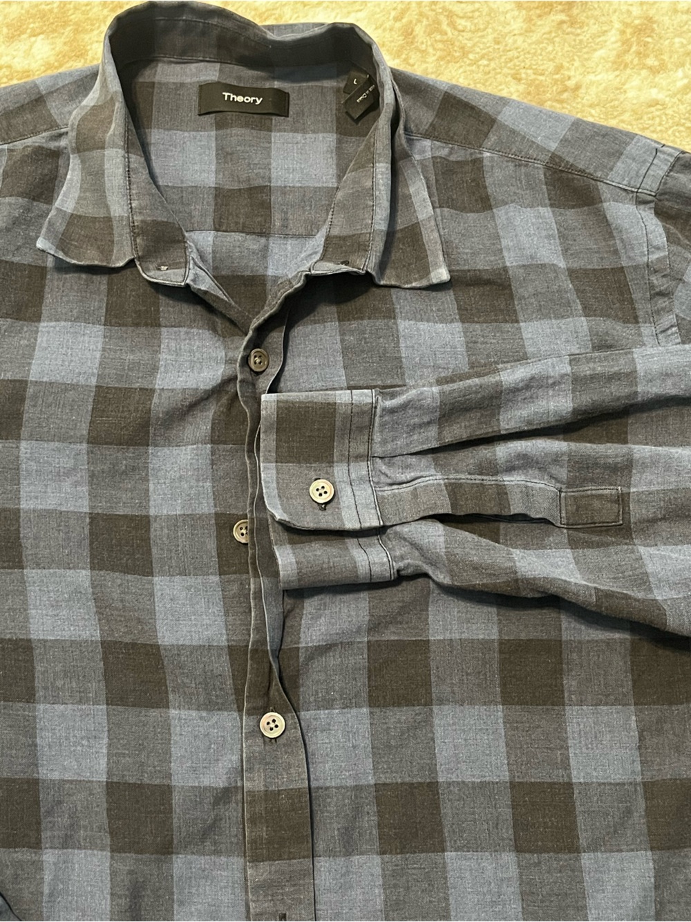 Theory Mens Buffalo Check Plaid Shirt Long Sleeve Button Down Blue Black Size L